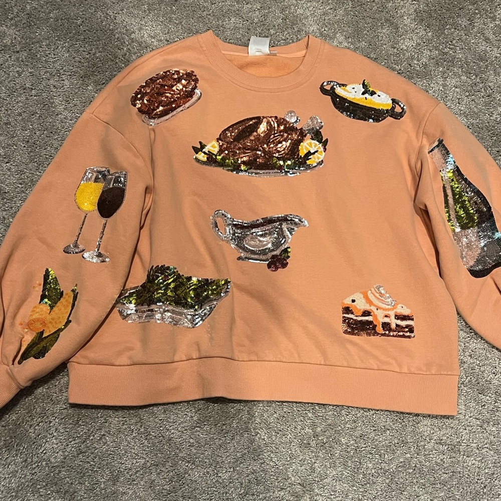 QUEEN OF SPARKLES Peach Sequin Holiday Feast Sweatshirt - Picture 4 of 7